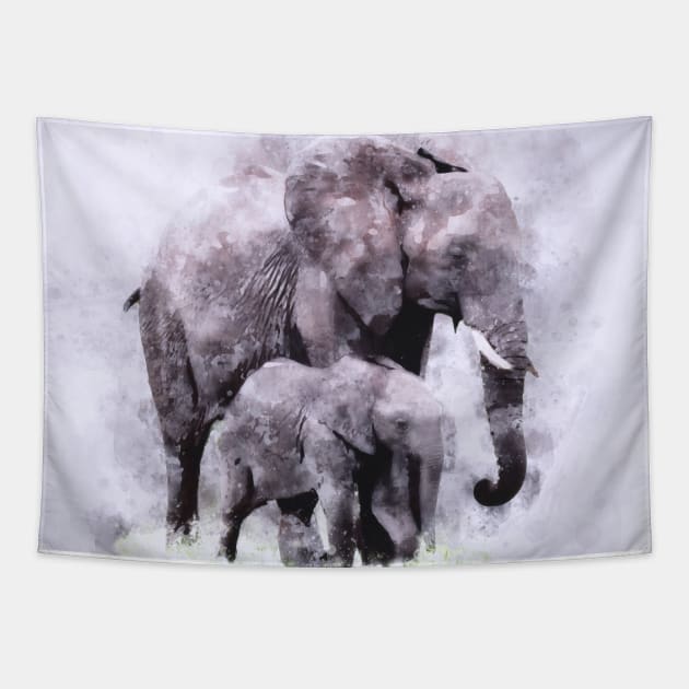 African Elephants with baby elephant calf - Watercolor Tapestry by SPJE Illustration Photography