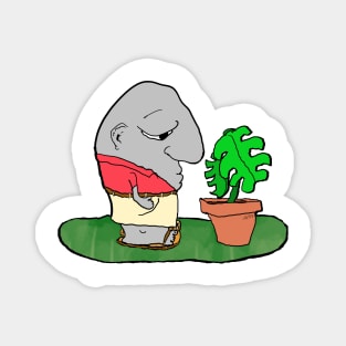 Lawn and Garden a funny cartoon of suburban life with a plant and a man with a big nose Magnet