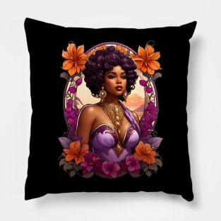 Black Woman in Amethyst Dress retro vintage floral design Pillow