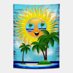 Summer Sun Cartoon with Sunglasses Beach Reflections Tapestry