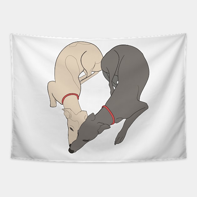 Adorable Greyhound dog design shaped in a heart with the word love inside, with a grey and a fawn greyhound with red collar details Tapestry by This Iggy Life