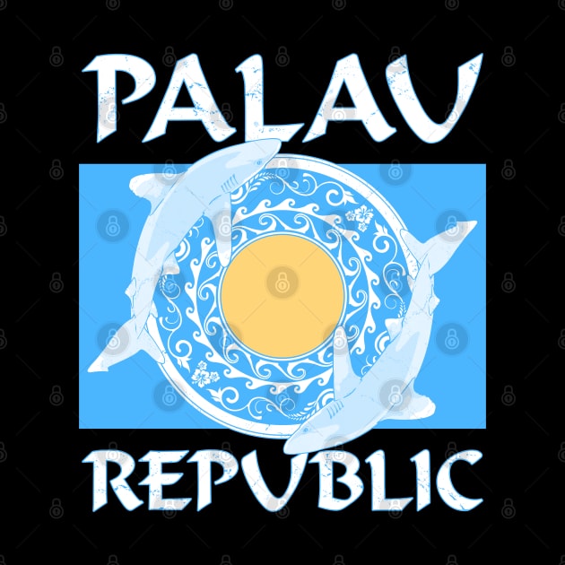 Palau Republic Flag with Oceanic Whitetip Sharks by NicGrayTees