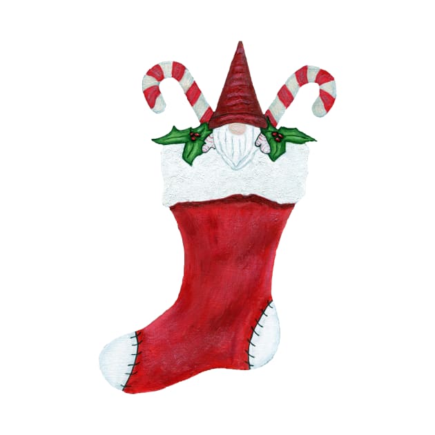 Gnome in Christmas Stocking With Candy Canes Holly Leaves by DeerSpiritStudio