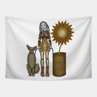 Girl with a cat and a sunflower. Steampunk (2) Tapestry