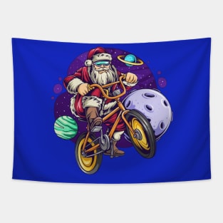 Christmas Santa cycling in space Tapestry