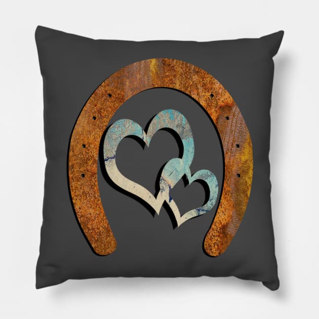 Horse Lover Gifts Shoe & Two Hearts Linked Rustic Distressed Horseshoe Design Pillow by tamdevo1