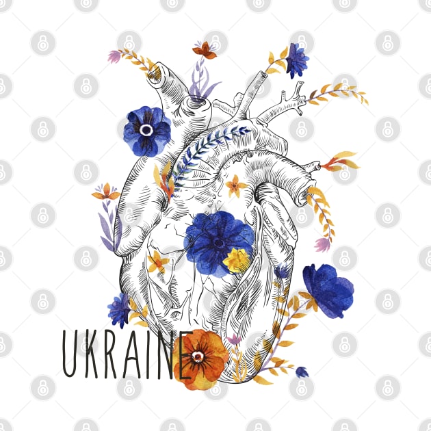 Ukraine. anatomical heart with watercolor flowers by Olga Berlet