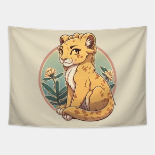 Beautiful lioness in a circle with flowers Tapestry