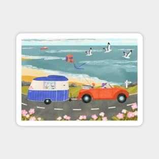 Family Road Trip in a Vintage Car and Caravan Magnet