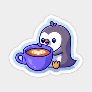 Cute Penguin Drinking Coffee Cartoon Magnet