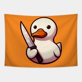 a cute white duck holding a knife Tapestry