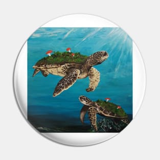 Turtles All the Way Down - Sea Turtles Mushrooms Ocean Life Animal Wall Art Handmade Home Decor Painting Pin