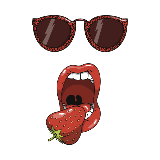 Mouth about to eat a delicious red strawberry while wearing matching red leopard print sun glasses. by Fruit Tee