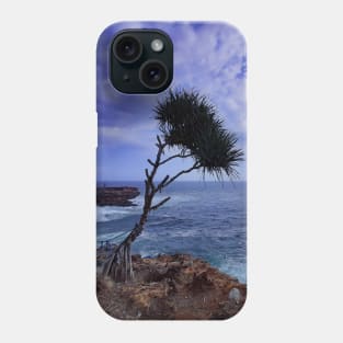 A palm tree on rock plateau with a rock island in the sea Phone Case