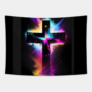 Cross in Neon Nebula Tapestry