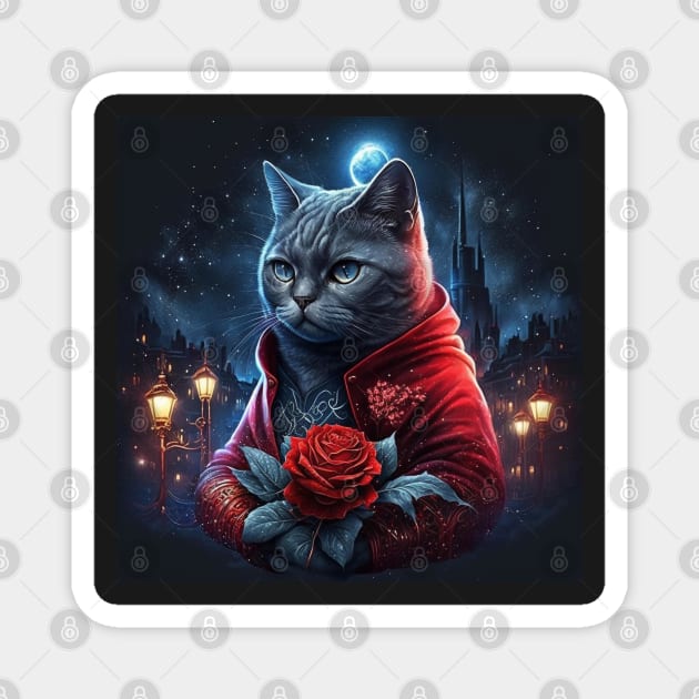 British Shorthair And Red Rose Magnet by Enchanted Reverie