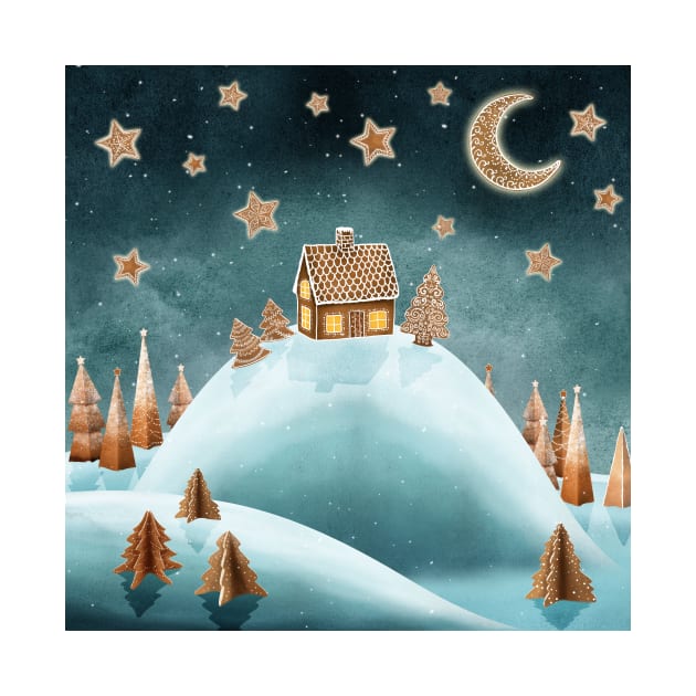 Gingerbread house, trees, on snow hills landscape, moon and stars watercolor illustration. Fantasy sweets world snow landscape. Moonlight magic candy world scenery. by likapix