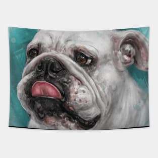 Close Up Painting of a White Bulldog With Its Tongue Out, Blue Background Tapestry