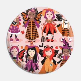 Witches dance // spot illustration // pink background red orange and berry pink halloween fantasy costumes Pin