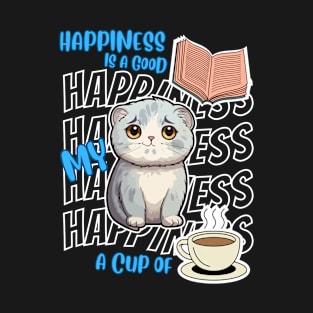 Happiness Is Scottish Fold Cats Good Books Coffee Cute Cat Lover T-Shirt