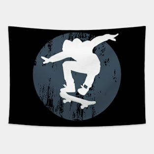 Grunge Urban Skateboarder Graffiti Style - White Silhouette with Blue / Grey Background Tapestry