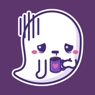 Tired kawaii ghost with coffee cup - white outline T-Shirt