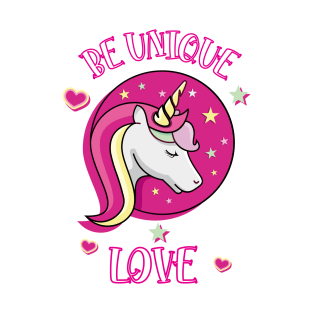 Be Unique Love Beautiful Unicorn Head With Stars And Hearts Pink T-Shirt