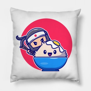 Cute Ninja Eating Tamago Rice Bowl With Chopstick Pillow