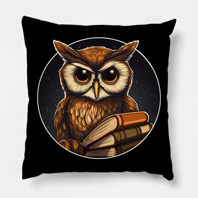 Angry night owl with books Pillow by beangeerie