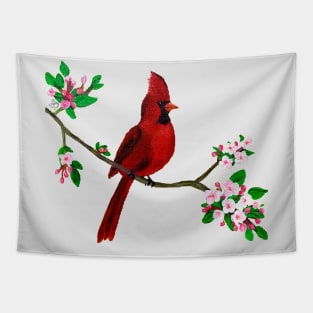 Red Cardinal Perched on Pink Cherry Blossom Branch Tapestry