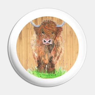 Scottish Highland Cow with Wood art Pin