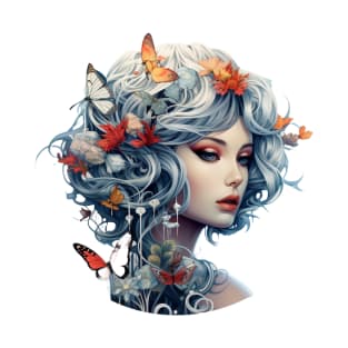 Beautiful woman's face with flowers and butterflies T-Shirt