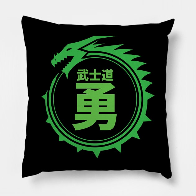 Doc Labs - Dragon / Bushido - Heroic Courage (勇) (Green) Pillow by Doc Labs