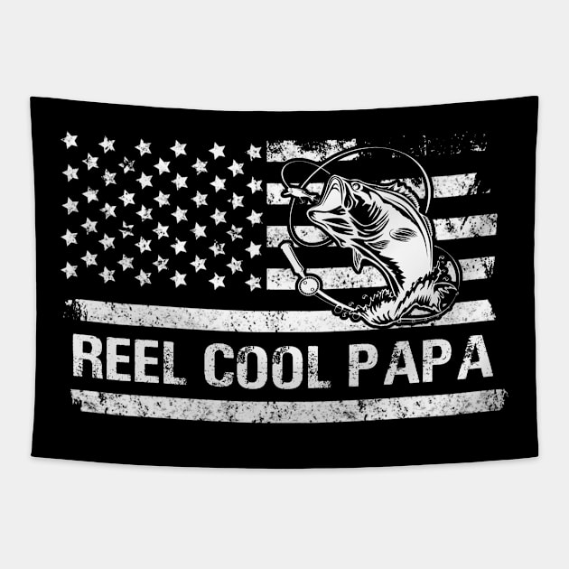 Mens Reel Cool Papa American Flag Fisherman Daddy Father's Day Gifts Fishing Tapestry by Oska Like