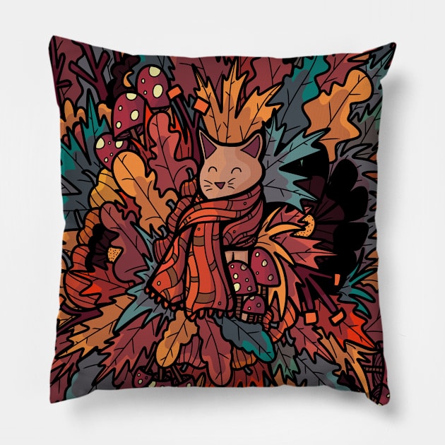 The cosy autumn cat Pillow by Swadeillustrations