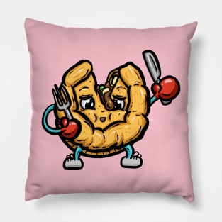 Cute Meat Pie Cartoon Character Illustration with knife and fork Pillow