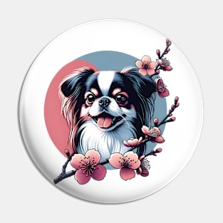 Japanese Chin with Spring Cherry Blossoms Joyful Expression Pin