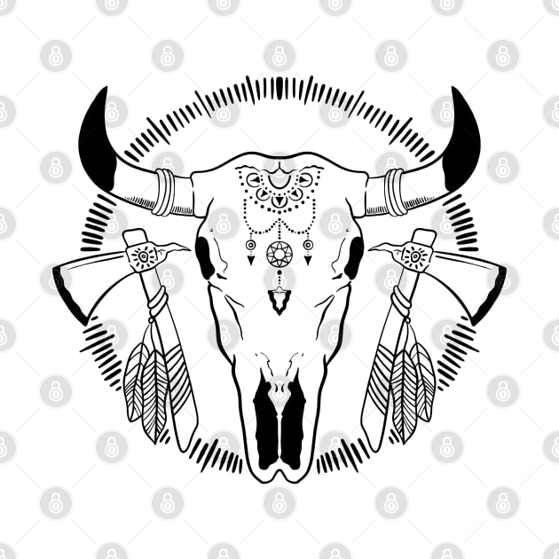 Bull Skull Head Boho Western tomahawk feathers by Trippycollage