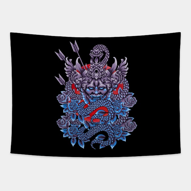 The blue snake coiled around the Hannya Mask Tapestry by Suga Collection