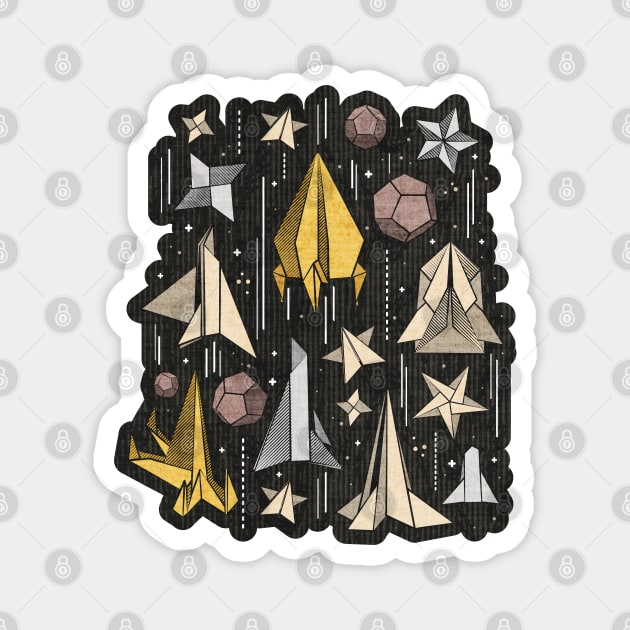 Reaching for the stars // illo // black background ivory grey brown and yellow origami paper asteroids stars and space ships traveling light speed Magnet by SelmaCardoso