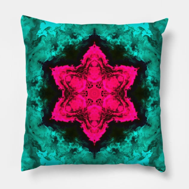 Cyan and Pink Smoke Kaleidoscope Pattern Pillow by WormholeOrbital