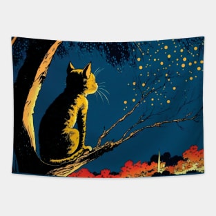 Tabby Cat Looking at an Autumnal View Tapestry