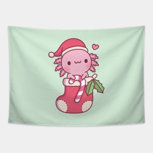 Cute Axolotl Holding Candy Cane In A Christmas Stocking Tapestry