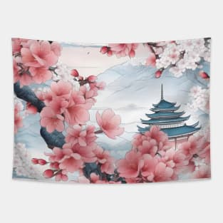 Cherry Blossom, Sakura wit Japanese Temple Tapestry