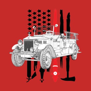 Vintage Fire Truck with Firefighter Flag T-Shirt