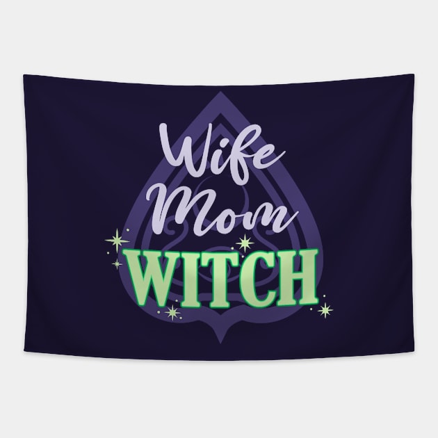 Wife Mom Witch - Funny Purple and Green Halloween Quote Tapestry by FatCatSwagger