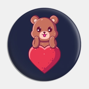 Cute Brown Bear with big love. Gift for valentine's day with cute animal character illustration. Pin