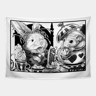 Wonderland - Tea Party - Black Outlined Version Tapestry