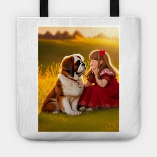 child hanging out with a dog. Tote