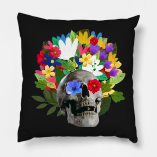 sweet and subliminal skeletal skull with flowers of various colors Pillow